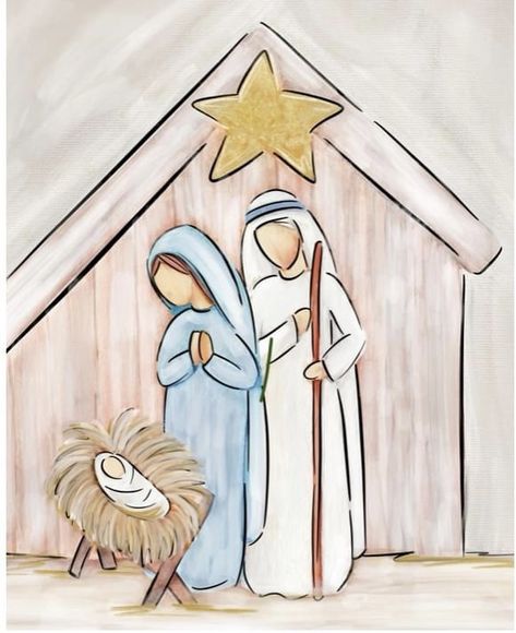 Nativity Drawings Simple, Christmas Ornament Canvas Painting, How To Draw A Nativity Scene, Nativity Picture Printable, Simple Manger Scene Painting, Nativity Scene Painting Simple, Painted Manger Scene, Christmas Paintings Jesus, Nativity Window Painting