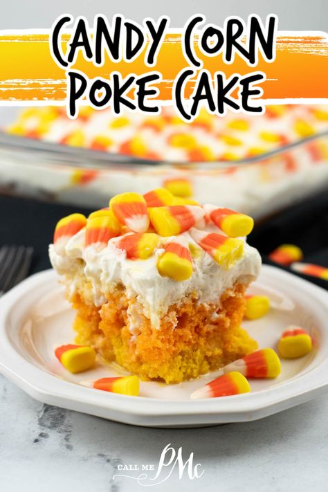 Candy Corn Poke Cake is a super easy and festive cake recipe that is all dressed up candy corn style for Halloween. Limoncello Pound Cake, Festive Cake Recipes, Candy Corn Cake, Fluffy Cream Cheese Frosting, Corn Cake, Cake Mix Ingredients, Homemade Candy, Festive Desserts, Homemade Sausage