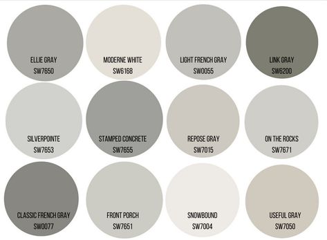 Sherwin Williams Warm Greys What is your favorite? Light French Grey and Repose Grey are my favorite!  #interiordesign #newhomes #farmhousecolors  #renovationgoals #colorpalettes #DIYhome #sandrawatkins Gray And White House Exterior, Light French Grey, Repose Grey, Siding House, Creek Ideas, Interior Paint Schemes, Exterior Gray Paint, Stucco Colors, Interior Wall Colors