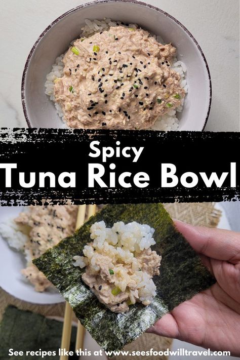 Mixed tuna mayo on top of rice recipe Spicy Tuna Wrap Recipe, Seaweed Snacks Recipes, Tuna Rice Bowl, Tuna Lunch, Quick Rice, Seaweed Wrap, Tuna Rice, Mediterranean Diet Recipes Dinners, Healthy Tuna