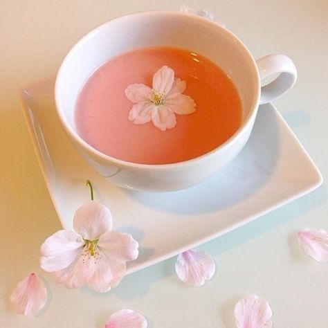 Sakura Drink Aesthetic, Cute Tea Aesthetic, Cute Food Pictures, Sakura Drink, Sakura Food, Sakura Latte, Cottagecore Cafe, Sakura Tea, Sakura Aesthetic