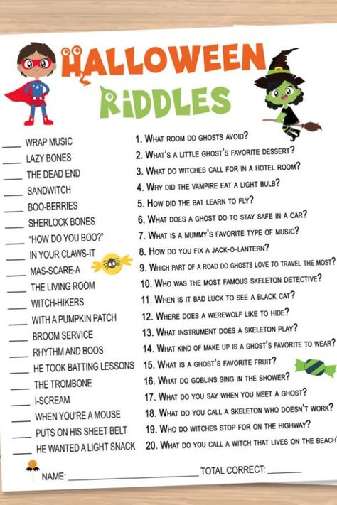 Print out a sheet of Halloween riddles and distribute them among your guests. Laughs are guaranteed, as each of them, they try to solve the Halloween-inspired riddles. Whoever gets the most correct wins! See more party ideas and share yours at CatchMyParty.com Halloween Party For Work, Guess How Many Halloween Game, Halloween Competition Ideas, Halloween Interactive Games, Halloween Game Printables, Halloween Games For The Office, Class Fall Party Ideas, Halloween Kid Games Party, Free Halloween Games Printables