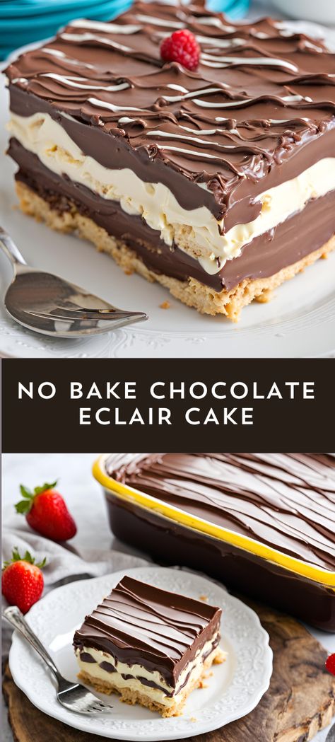 Indulge in the irresistible layers of this No Bake Chocolate Eclair Cake! 🍫🍰 With creamy vanilla pudding, graham crackers, and rich chocolate frosting, this no-bake dessert is perfect for any occasion. Quick to prepare and always a crowd-pleaser! Serve chilled and enjoy every bite. 😋✨ #NoBakeDessert #ChocolateEclairCake #EasyRecipes #DessertLovers #YummyTreats#myskinnyrecipes No Bake Chocolate Eclair Cake Easy, Eclair Cake With Chocolate Ganache, No Bake Eclair Dessert, Easy Layered Desserts, Chocolate No Bake Dessert, No Bake Lemon Eclair Cake, Desserts With Vanilla Pudding, Dinner Party Desserts Impressive, Chocolate Eclair Cake No Bake