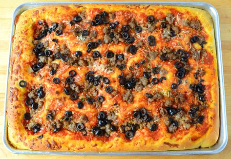 Sfincione:  Sicilian Style Pizza Sicilian Style Pizza, Sicilian Style, No Egg Desserts, Rice Stuffing, Sicilian Pizza, Lions Den, Panzanella Salad, Meat Pasta, Salad Sauce