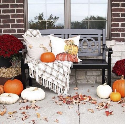 Porch Fall Decorating Ideas, Outdoor Fall Decor Ideas, Outside Fall Decor, Porch Bench, Park Benches, Porch Decorations, Fall Front Porch Decor, Bench Ideas, Fall Decor Ideas