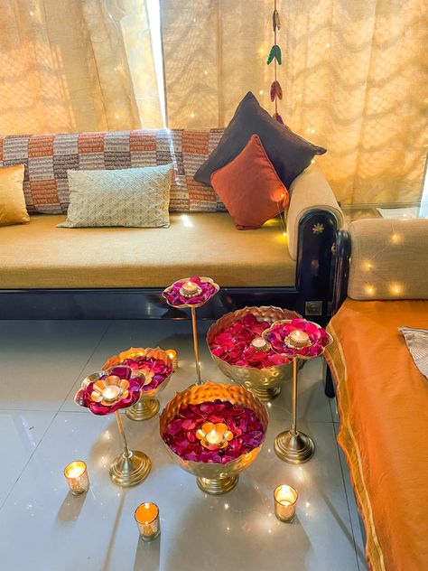 This is a complete DIY diwali decor, using urli set, rose petals, tealight candles, and i have used my dupattas for DIY sofa cover. It has given an absolute magical and dreamlike impact. Try it out for any Indian festivities or any ethnic function. #diwalidecor #livingroomdecor #diydecorideas #decorideas #festivedecor #festivedecorations Diwali Board, Diy Sofa Cover, Laxmi Pooja, Chocolate Fantasy, Diwali Photography, Diwali Photos, Rangoli Designs Simple Diwali, Diwali Decorations At Home, Diwali Decor