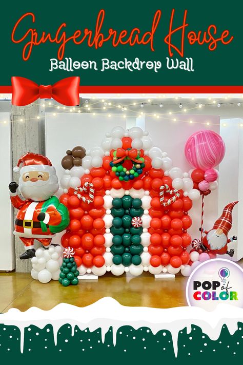 This 8’ tall gingerbread house backdrop is covered in candy canes, peppermint candies and santa. Great to use as a photo op. We call this a Linky Balloon Wall. Balloon Gingerbread House, Gingerbread House Backdrop, Christmas Balloon Decorations, Peppermint Candies, Green Bay Wisconsin, Balloons Decorations, Christmas Balloons, Balloon Backdrop, Balloon Columns