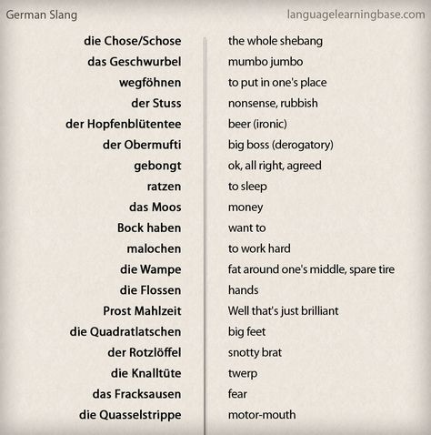 German Slang. Yes, it's like a language of its own. German Slang Words, German Slang, German Vocabulary, Slang Phrases, German Resources, German Study, German Phrases, Germany Language, Learning German