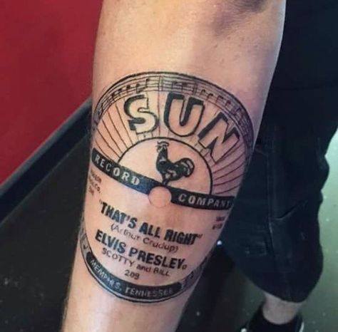 Sun Records Tattoo, Elvis Presley Tattoo Ideas, Elvis Tattoo Ideas, Elvis Inspired Tattoos, Tcb Tattoo, Elvis Tattoo, Arm Tats, Sun Records, Ink Spots