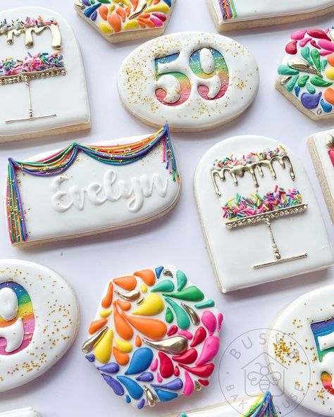 Busy B Bakehouse- Madison on Instagram: “Taste the rainbow🌈🎉 ⠀ ⠀ Cake cookie cutter from @thebakerystudioco Streamer cookie cutter from @sweetleighprinted Gold sprinkles from…” Celebration Cookies Royal Icing, Neon Royal Icing Cookies, 20th Birthday Cookies Decorated, Colorful Birthday Cookies, Number 4 Cookies Decorated, Pastel Birthday Cookies, Royal Icing Cookies Birthday, Birthday Sugar Cookies Woman, Birthday Cake Cookies Decorated