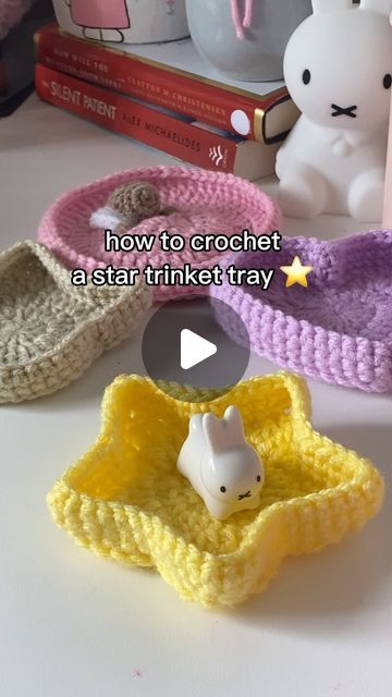 Things To Do With Crochet, Miffy Crochet Pattern Free, Crochet Trinket Tray, Crochet Tray, How To Crochet Miffy, Miffy Tapestry Crochet, Miffy Crochet, Crochet Miffy Keychain Pattern, Crochet Stars