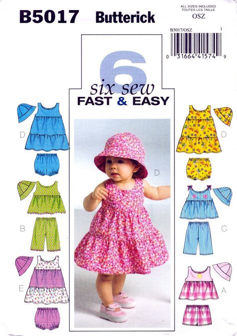 Butterick+B5017+Infants+Top+Dress+Panties+Shorts+Pants+Hat+Sewing+Pattern+sizes+OSZ Summer Sewing Patterns, Sundress Pattern, Sewing Dress, Hat Patterns To Sew, Sewing Patterns Girls, Baby Dress Patterns, Baby Top, Baby Clothes Patterns