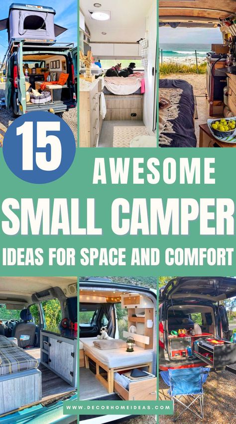 Check out 15 space-saving small camper ideas that blend smart design with practical style for your next adventure. Discover innovative storage solutions, compact furniture, and creative layouts that turn limited space into a cozy, functional retreat perfect for life on the road. Vintage Camper Storage Ideas, Rv Interior Design Ideas, Pop Up Camper Interior Ideas, Small Van Life Interior, Pop Up Camper Storage Ideas, Small Camper Remodel, Small Rv Living, Rv Space Saving Ideas, Aliner Camper Ideas