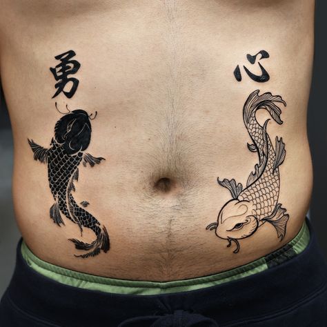 Koi Fish Shoulder Tattoo For Men, Koi Fish Stomach Tattoo, Koi Fish Japanese Tattoo, Symmetrical Stomach Tattoo, Traditional Koi Fish, Waist Tattoo, Austin Tattoo, Kanji Tattoo, Symmetrical Tattoo