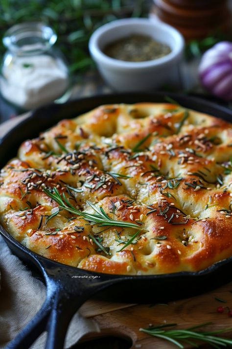 Focaccia bread in a cast iron skillet, topped with rosemary and sesame seeds. Bread Recipe No Knead, Cast Iron Pan Bread Recipes, Farmhouse On Boone Focaccia, Pioneer Woman Foccacia Bread, Focaccia With Pizza Dough, Cast Iron Skillet Side Dishes, Foccacia Bread Recipes Dutch Oven, Bread Recipes Cast Iron Skillet, Focaccia Bread Pizza Recipe