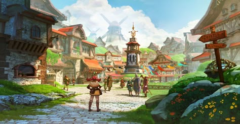 ArtStation - Skynest - Windward, Frontier Town People Traveling, Environment Painting, Fantasy Town, Concept Art Tutorial, Fantasy Background, Location Inspiration, Landscape Concept, Fantasy City, Fantasy Setting