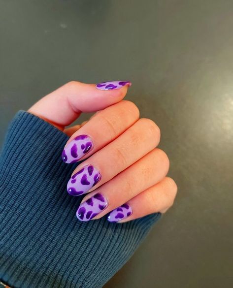 Purple Nails With Cow Print, Purple Nails Cow Print, Purple And Cow Print Nails, Purple Fun Nails, Purple Cow Nails, Purple Checkered Nails, Purple Cow Print Nails, Fun Purple Nails, Purple Cow Print