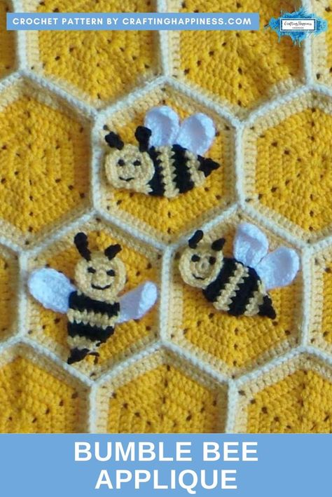 A cute crochet pattern for a bee applique that you can use on baby blankets, afghans, shawls, bags, hats and more. #crochetblankets #crochetafghans #crochetstitches #crochetpatterns #freecrochetpatterns #crochetforbaby #crochetprojects #crochetbaby #babyblankets #stitchesforblankets #crochetappliques #animalappliques #appliquesforblankets #crochetanimals Bee Applique Pattern, Crochet Bee Applique, Crochet Bumble Bee, Bee Applique, Bee Baby Blanket, Crochet Applique Patterns Free, Crochet Bee, Applique Pattern, Crochet Applique