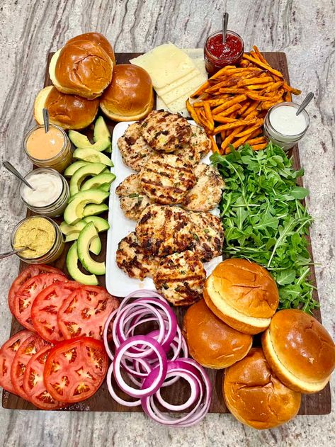 Turkey Burger Lunch, Burger Board, Seasoned Turkey, Grilled Turkey Burgers, Burger Party, Sweet Potato Fries Baked, Burger Patties, Burger Night, Bbq Burgers