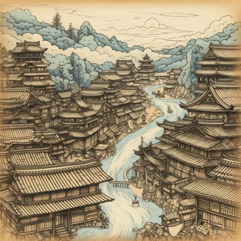 Samurai Village Concept Art, Old Japanese Architecture, Japanese Village Drawing, Japanese Village Concept Art, Japanese Old Painting, Old Japanese Village, Old Japanese Aesthetic, Old Japanese Town, Japanese Village Art