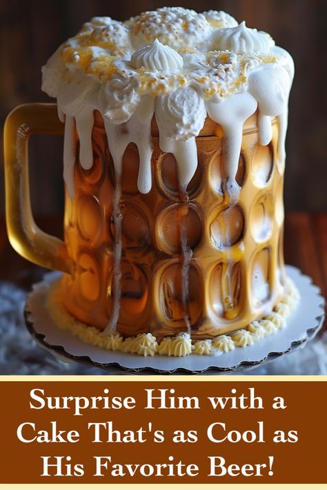 Brew-tiful Surprise: Creative Beer Mug Cake Idea for His Birthday Beer Cakes For Men Birthday, 50th Birthday Party Ideas For Men Cake, Alcoholic Cake, Beer Cakes For Men, Beer Stein Cake, Beer Themed Cake, Beer Themed Birthday Party, 50th Birthday Cakes For Men, Beer Party Theme