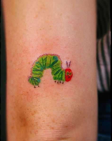 The Very Hungry Caterpillar on my favorite client, my soon-to-be wife 🖤 🐛 #TheVeryHungryCaterpillar #EricCarle | Instagram The Very Hungry Caterpillar Tattoo, Caterpillar Tattoo Design, Hungry Caterpillar Tattoo, Becca Aesthetic, Small Caterpillar Tattoo, Caterpillar To A Butterfly Tattoo, Fruit Tattoos, The Very Hungry Caterpillar Illustration, Caterpillar Tattoo