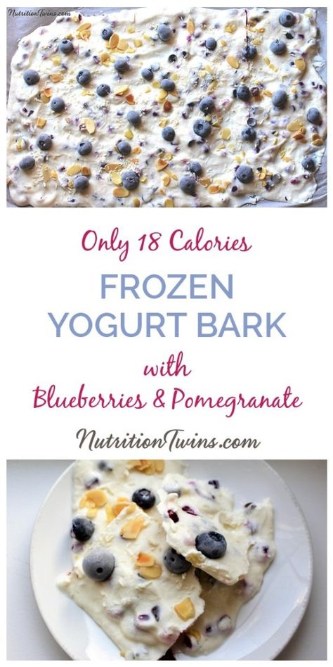 If you love fro-yo (or other frozen ice cream-like desserts) the way we do, you’ll completely get why we’re super excited to introduce our latest love… Frozen Yogurt Bark with Blueberries and Pomegranate…and it’s only 18 calories per piece of heaven! This healthy dessert is easy and is a great low-calorie weight loss dessert | For MORE RECIPES, fitness and nutrition tips, please SIGN UP for our FREE NEWSLETTER www.NutritionTwins.com Breakfast Ideas Blueberry, Healthy Meals For Family, Blueberry Recipe, Low Calorie Foods, Frozen Yogurt Bark, Pomegranate Recipes, Yogurt Bark, Baking Powder Uses, Low Carb Snack