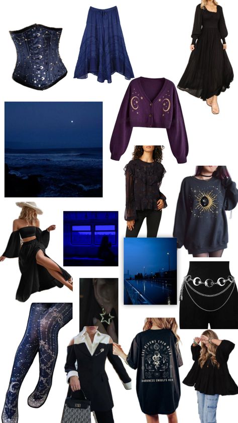 Images of nighttime, urban areas, clouds, sea etc. And outfits inspired by these images, with star and moon accessories and flowy dark clothes Dazecore Outfit, Dazecore Aesthetic, Aesthetic Outfits, Aesthetic Fashion, Outfits For Teens, Clothes