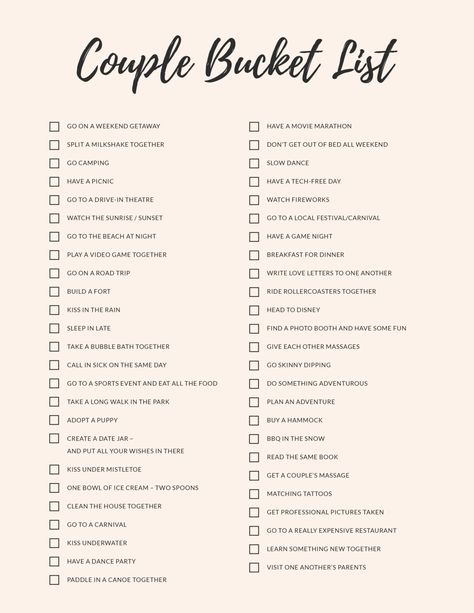 Checklist dating ladyandtheblog Bucket List Ideas For Couples, Boyfriend Bucket Lists, Relationship Bucket List, Dating Ideas, Bucket List Ideas, Kissing In The Rain, Cute Date Ideas, Slow Dance, Checklist Template