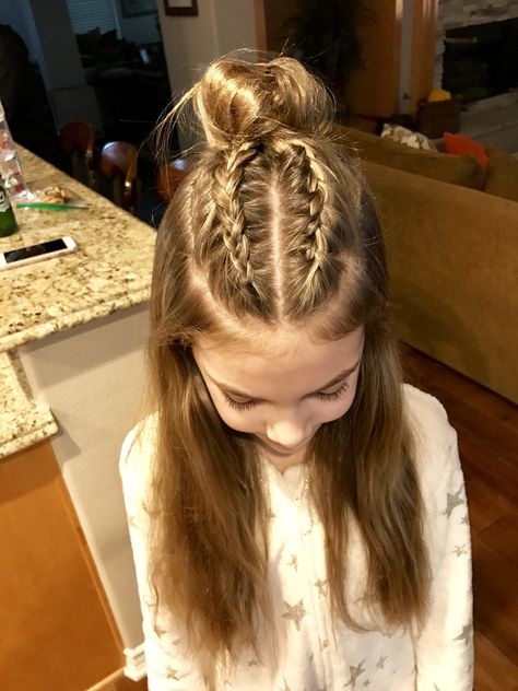 French Braid Into Bun Half Up Half Down, Upper Braid Hairstyles, Double Dutch Braid Half Up Half Down, Two Braids Into High Bun, Ponytale Braid, High Bun With Braids, Front Dutch Braid, Braid Into High Bun, Dutch Braid Half Up