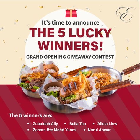 #contest #ContestAlert #giveaway #giveawaycontest #giveawayalert #FreeGift #singapore #competition #win #pickmeupgift #prize #prizes #prizesandgiveaways #efendybistro #grandopening #new #winners #win #grandopening #giveaway Food Giveaway Poster, Advertising Campaign Design, Giveaway Graphic, Food Giveaways, Carousel Post, Food Social Media, Prize Giveaway, Campaign Design, Winner Announcement