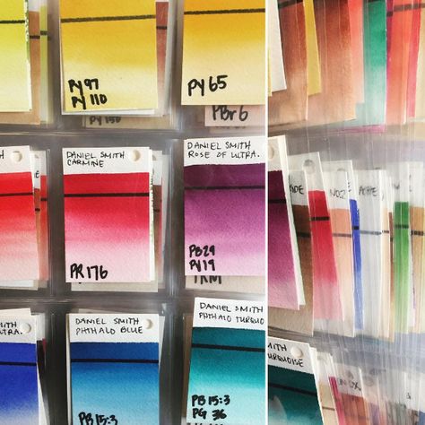 Watercolor swatches organized in trading card binder sleeves. Watercolour Swatches, Watercolor Swatches, Trading Card Binder, Color Mixing Chart, Send Help, Diy Artwork, Watercolor Palette, Watercolor Paints, Card Sleeves