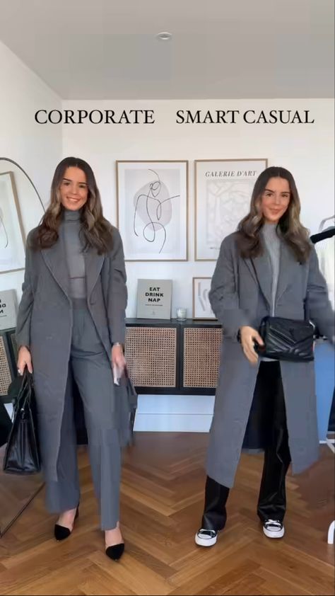 Grey Suit Outfits Women, Coat Outfits For Women, Grey Coat Outfit, Semi Formal Mujer, Peacoat Outfit, Stylish Business Outfits, Workplace Fashion, Stylish Winter Coats, Look Office