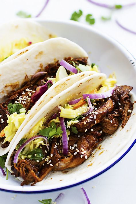 Slow Cooker Korean BBQ Pork Tacos Slow Cooker Korean Bbq, Bbq Pork Tacos, Korean Bbq Pork, Bbq Tacos, Korean Pork, Pork Bbq, Fried Chicken Breast, Pork Tacos, Slow Cooker Pork