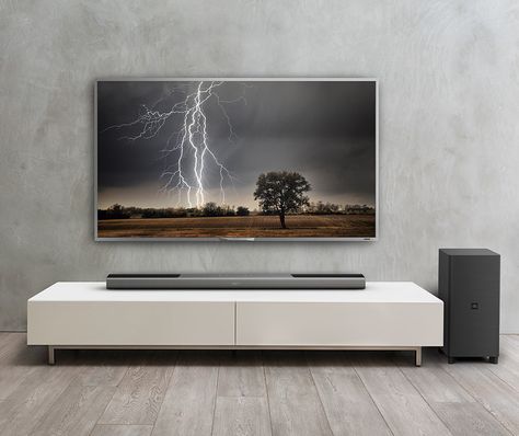 Living Room Sound System Ideas, Tv Sound Bar Ideas, Sound System Living Room, Tv Sound System, Parisian Living Room, Home Theater Sound System, Simple Tv, Tv Unit Decor, Modern Tv Wall