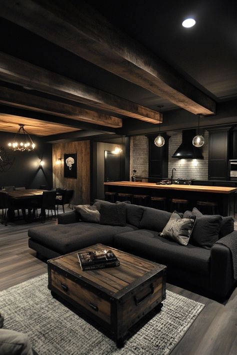 13 Moody Man Cave Ideas For The Ultimate Retreat – DreamyHomeStyle Dark Inside House, Home Decor Ideas White Walls, Gaming Cave Ideas, Dark Moody Basement Design, Black And Grey Basement Ideas, Basement Remodel Man Cave, Cool Bachelor Pads, Moody House Design, Moody Man Cave Basement