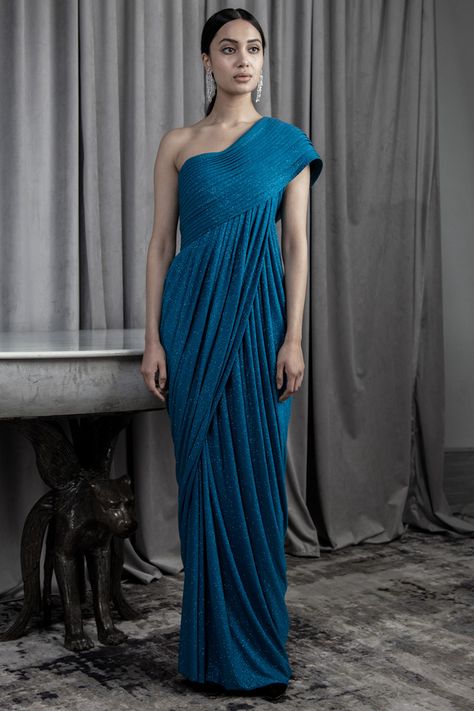 Saree Style Draped Dress, Designer Pre-draped Saree With Draped Sleeves, Designer Pre-draped Saree With Traditional Drape, Festive Draped Georgette Gown, Traditional Drape Pre-draped Saree, Drape Dresses Indian, Drape Gown, Elegant Evening Gowns, Long Blouse Designs