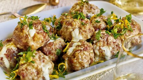 Burrata-Stuffed Meatballs with Gremolata Recipe | Wisconsin Cheese Recipes With Burrata, Recipes With Burrata Cheese, Gremolata Recipe, Stuffed Meatballs, Wisconsin Cheese, Burrata Cheese, Pork Ham, Frozen Meatballs, Swedish Meatballs