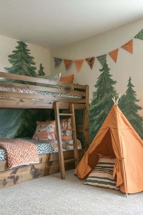 Check out this space-saving design for small rooms: twin bed bunk beds built-in with a desk! It’s perfect for shared boys’ rooms, whether toddler boys, big boys, teens, or grandkids, with calming colors and an outdoor theme. Grandchildren Bedroom Ideas, Boys Cabin Bedroom, Camp Theme Room, Boys Camping Bedroom, Boys Outdoor Theme Bedroom, Kids Bunk Bed Rooms, Room Ideas Bunk Beds, Grandchildren Bedroom, Camping Theme Bedroom