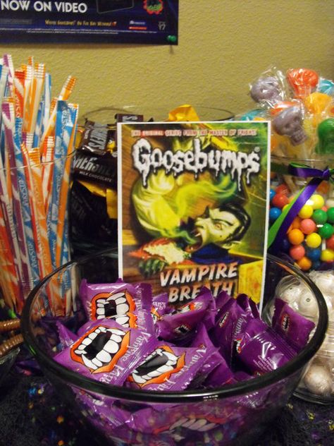 GOOSEBUMPS (R.L. Stine) | CatchMyParty.com Goosebumps Food Ideas, Goosebumps Party Food, Goosebumps Party Games, Goosebumps Themed Food, Goosebumps Birthday Party, Goosebumps Birthday, R.l. Stine Goosebumps, Birthday Party Gift Bag Ideas, Goosebumps Party