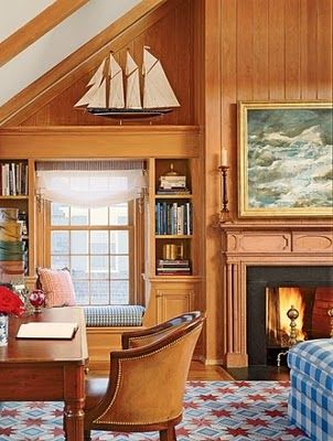 =wood paneling= Wyoming House, Hidden Tv, Slanted Ceiling, Coastal Living Rooms, Home Library, Window Seat, Coastal Living, Architectural Digest, Nantucket