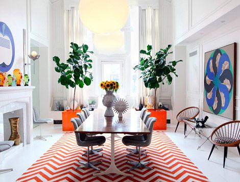 . Chevron Rug, Chevron Rugs, Ficus Lyrata, Fiddle Leaf Fig Tree, Orange Decor, Fiddle Leaf Fig, Jonathan Adler, Dining Room Design, Room Table