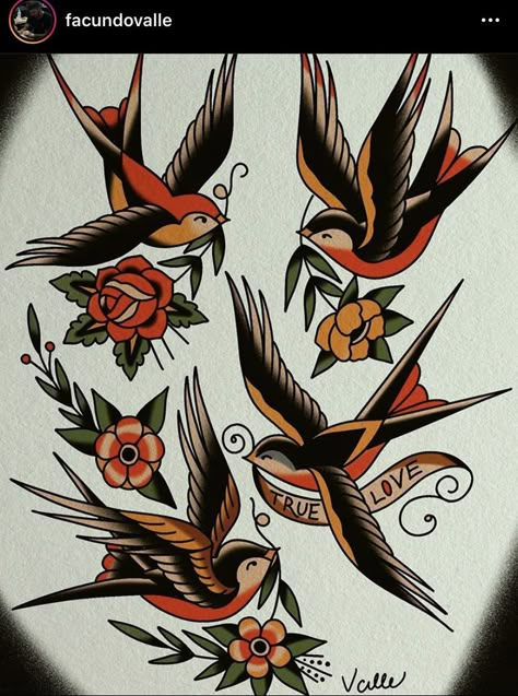 Tradition Bird Tattoo, Sparrow Old School Tattoo, American Trad Swallow, Sailor Jerry Sparrow Tattoo, Traditional Bird Tattoo Design, Swallow Tattoo Men Traditional, Old School Flower Tattoo Sleeve, American Style Tattoo Traditional, American Traditional Tattoos Bird