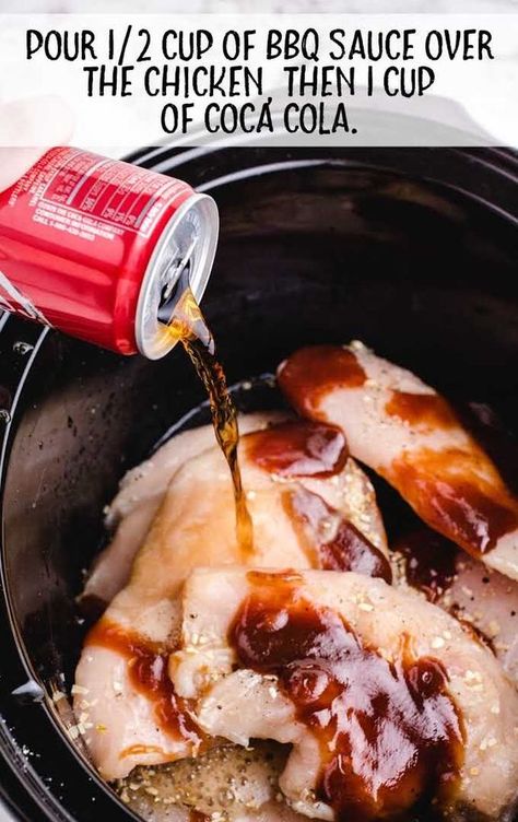 This slow cooker Coca Cola chicken consist of juicy chicken breast that is slow-cooked with tangy BBQ sauce and Coca Cola to tender perfection. Chicken In Slow Cooker, Coca Cola Chicken, Cola Chicken, Chicken Breast Crockpot Recipes, Crockpot Chicken Breast, Spaceships And Laser Beams, Crockpot Dishes, Chicken Slow Cooker Recipes, Crock Pot Slow Cooker