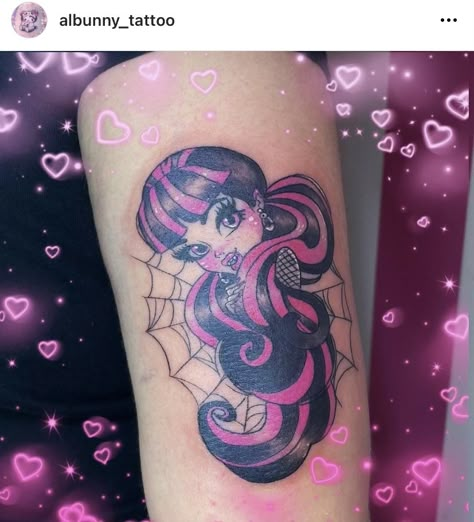 Draculaura Tattoo Ideas, Draculaura Tattoo, Monster High Tattoo Ideas, Monster High Tattoo, Dopamine Tattoo, High Tattoo, Kawaii Tattoos, Coraline Tattoo, Mocking Jay