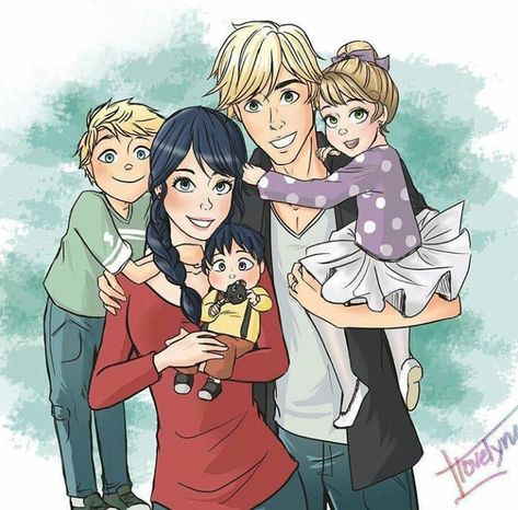 Marinette and Adrien with their kids as a happy family from Miraculous Ladybug and Cat noir Agreste Family, Ladybug E Catnoir, Photo Manga, Miraculous Ladybug Kiss, Marinette Et Adrien, Adrian And Marinette, Ladybug And Cat Noir, Ladybug Wallpaper, Catty Noir