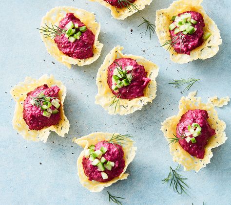 Cheddar Cups With Beetroot Hummus & Dill Recipe | Woolworths Cheddar Cups, Starters Recipes Christmas, Beetroot Hummus, Recipes Veg, Dill Recipes, Recipe Web, Beet Hummus, Web Stories, Non Veg