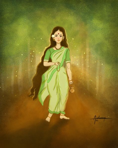 Navratri 2024: Day 2 for Goddess Brahmacharini, A digital painting made for this occasion. Day 2 Brahmacharini, Goddess Brahmacharini, Navratri 2024, Creating Art, Digital Painting, Illustrations, Green, Color, Art