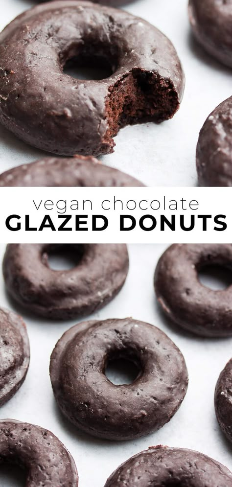 Fluffy and moist vegan chocolate glazed donuts are a wonderful treat! Baked instead of fried, and covered with an easy glaze. Vegan Chocolate Glazed Donut, Vegan Chocolate Donut Recipe, Easy Vegan Donuts Baked, Easy Vegan Donut Recipe, Vegan Baked Donut Recipe, Vegan Doughnut Recipe, Vegan Donuts Baked, Six Vegan Sisters, Donuts Glazed