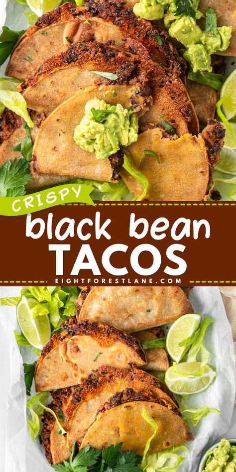 These crispy black bean tacos are the ultimate easy and delicious weeknight meal. With a spicy, vegetarian black bean filling these tacos are oven baked to get super crispy and then served with your favourite toppings to create a satisfying and easy dinner. Black Bean Mexican, Easy Vegetarian Tacos, Black Bean And Beef Tacos, Bean Tacos Recipes, Black Bean Tacos Recipes, Black Bean Taco Filling, Crispy Black Bean Tacos, Baked Black Bean Tacos, Spicy Black Bean Tacos